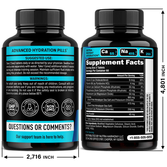 Nutraharmony 9 in 1 electrolyte pills showing capsule count and key ingredients list