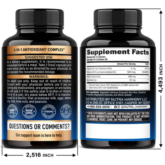 NutraHarmony ALA supplement nutrition facts label showing benfotiamine and B vitamins
