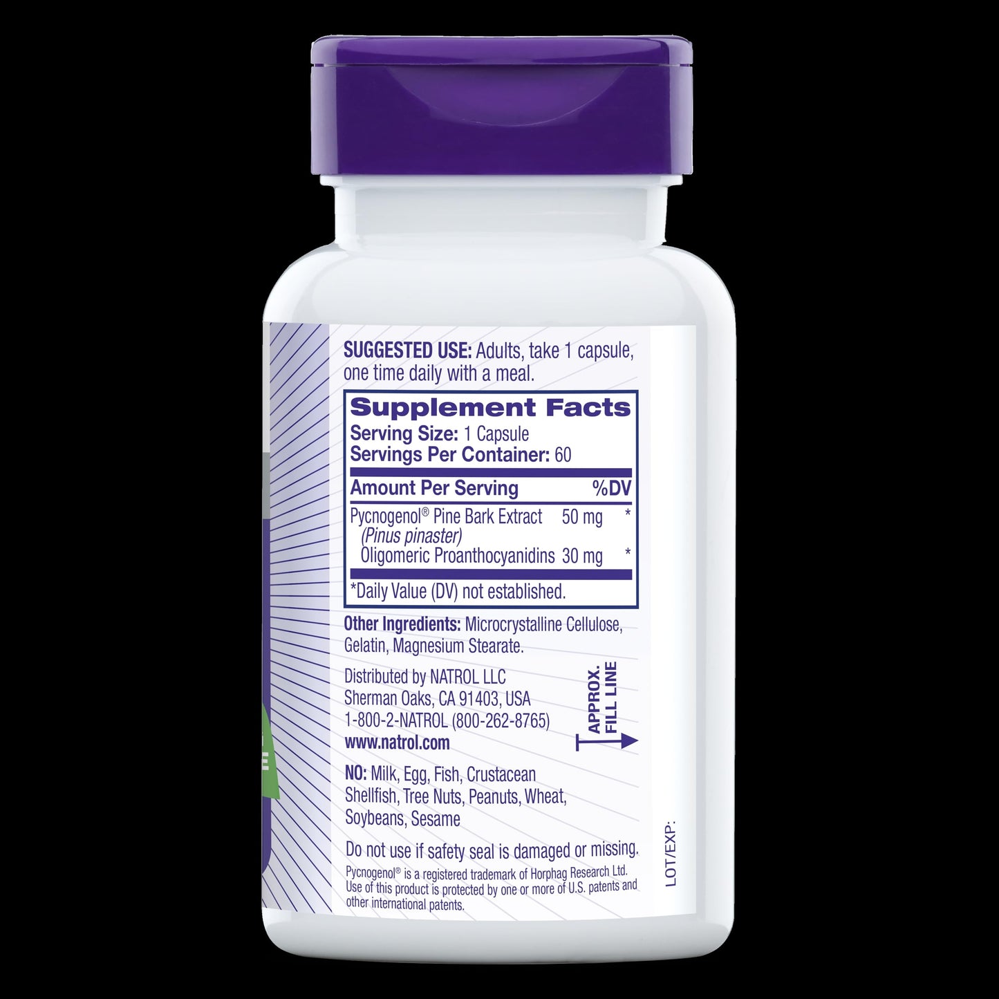 Secure cap view of Natrol Pycnogenol 50mg antioxidant protection dietary supplement.