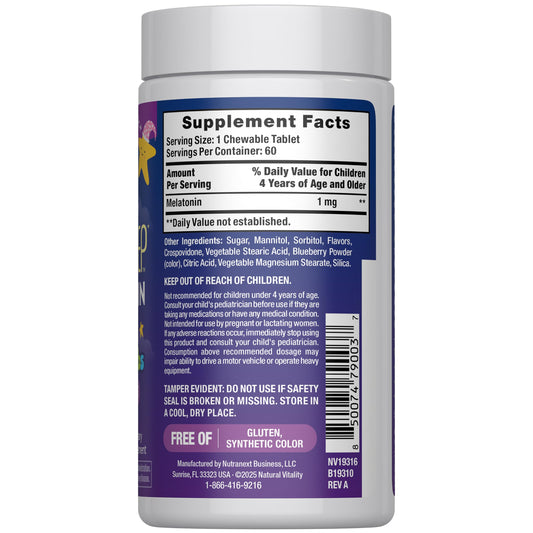 Natural Vitality Kids Calm Sleep 60 chewable tablets supplement facts label showing ingredients