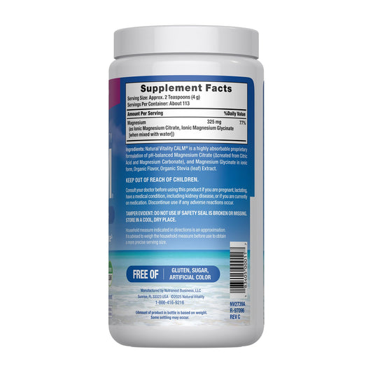 Natural Vitality Calm Raspberry Lemon supplement drink mix powder showing dietary labels