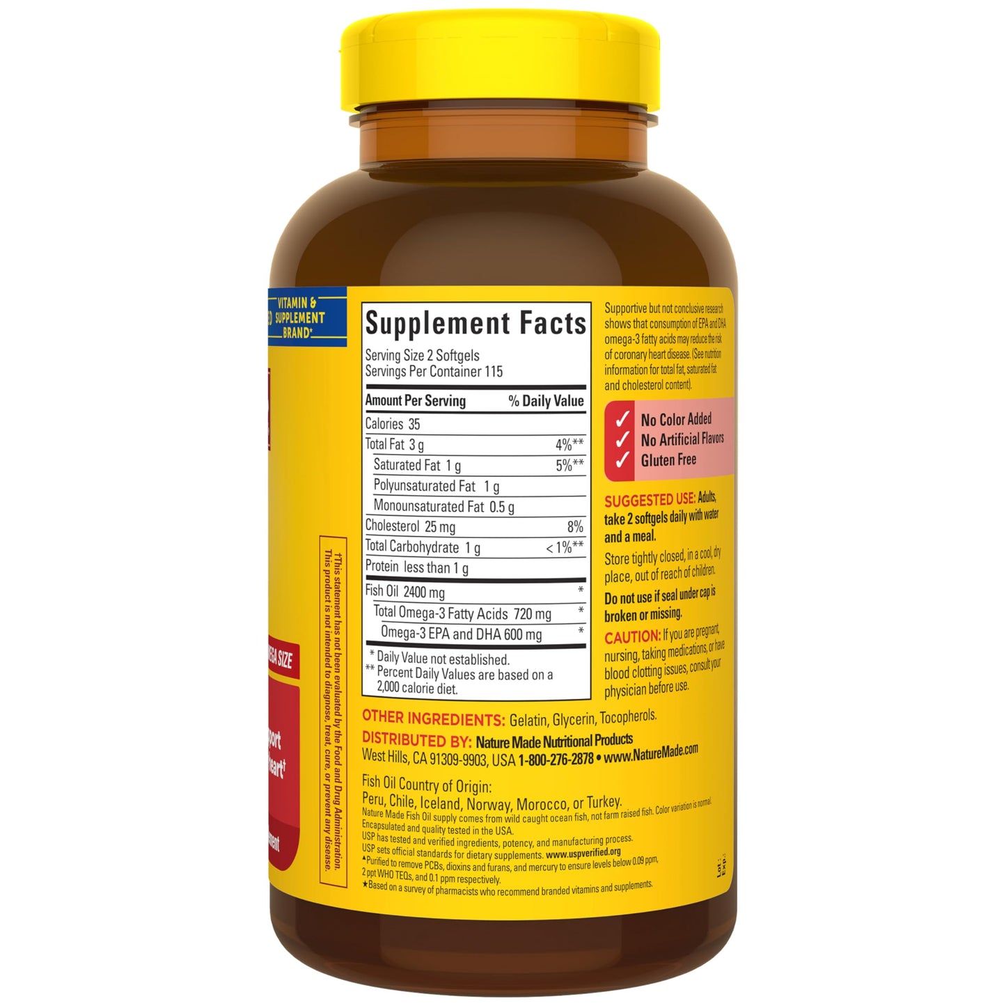 Gluten free and mercury purified Nature Made fish oil capsules nutritional facts panel.