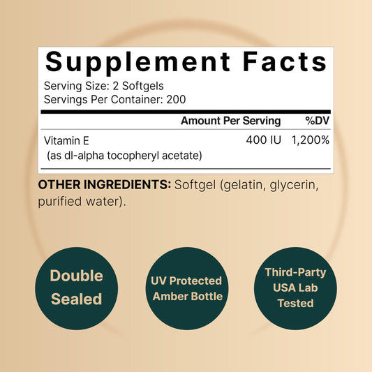 NatureBell Vitamin E liquid softgels supplement label facts displaying serving size details