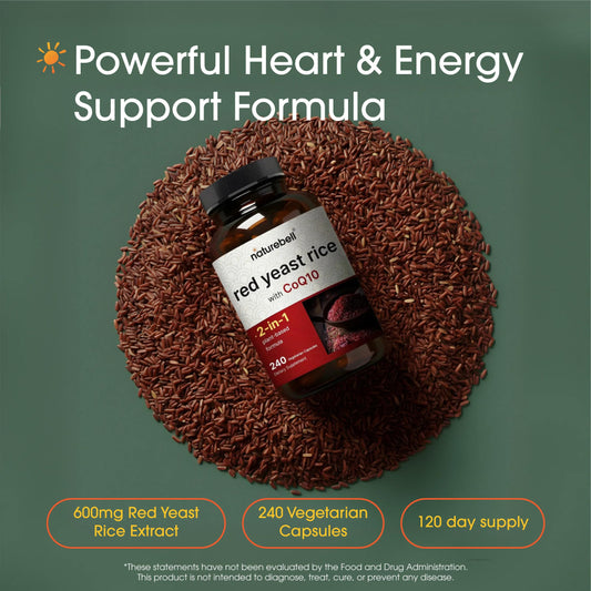 NatureBell maximum strength red yeast rice supplement bottle showing nutrition facts and ingredient labels