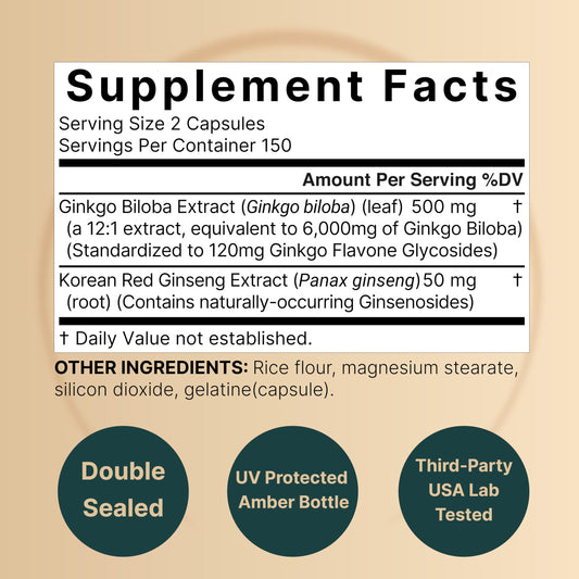 NatureBell Ginkgo Biloba brain health supplement nutrition facts and ingredient label
