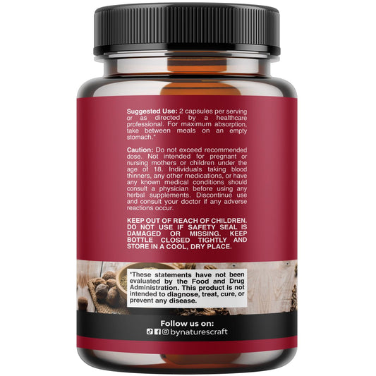 Natures Craft Organic Triphala supplement bottle showcasing the supplement facts and certified organic ingredients list