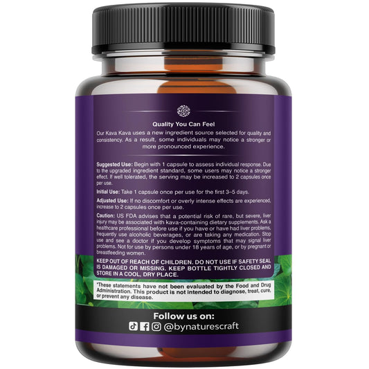 Natures Craft Kava Kava capsules dietary supplement label showing active ingredients and thousand milligram serving size