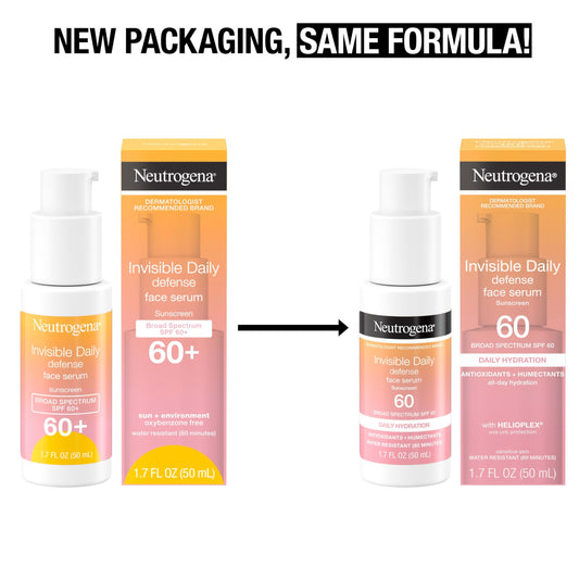 Back label of Neutrogena broad spectrum sunscreen serum detailing active drug facts and ingredients list