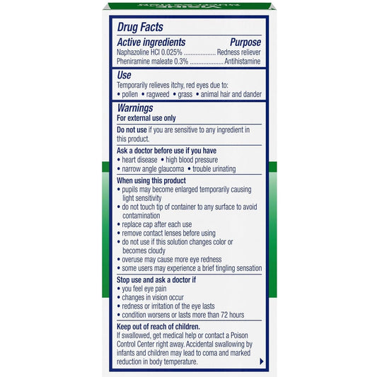 Side angle of the Visine multi-action sterile ophthalmic solution bottle showing active ingredients list.