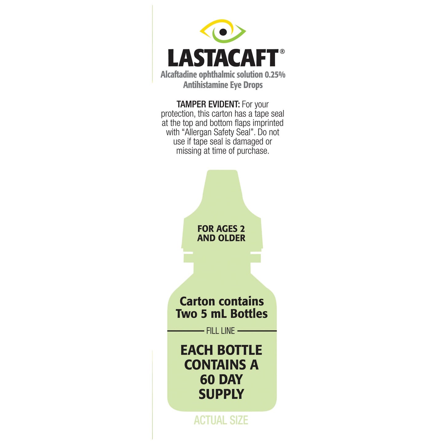 Authentic USA imported Lastacaft eye drops twin pack packaging highlighting twenty four hour itch relief formula