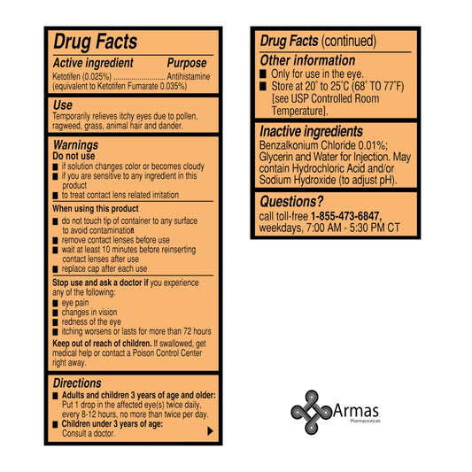Side view of Armas Ketotifen Antihistamine eye drop bottle highlighting the 12 hour relief claim