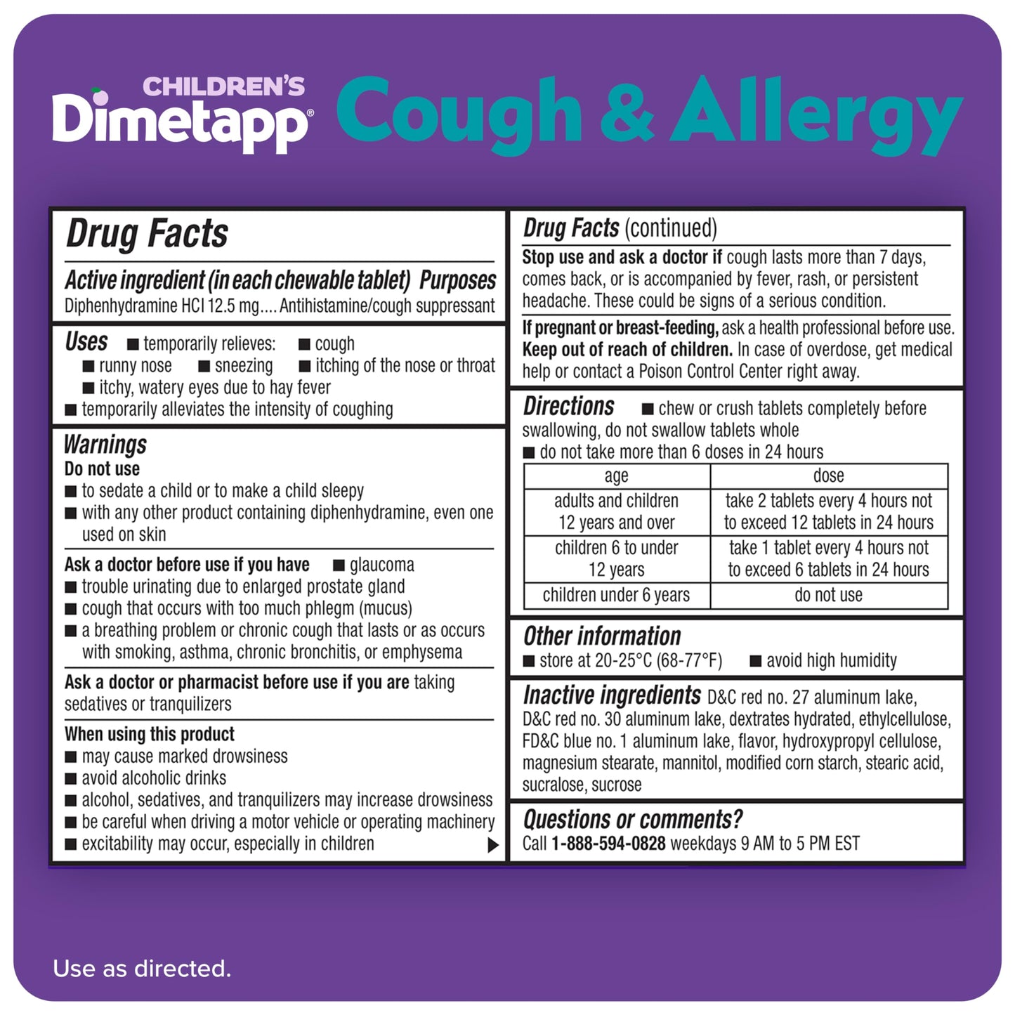 Childrens Dimetapp waterless grape flavored chewable allergy medicine box back