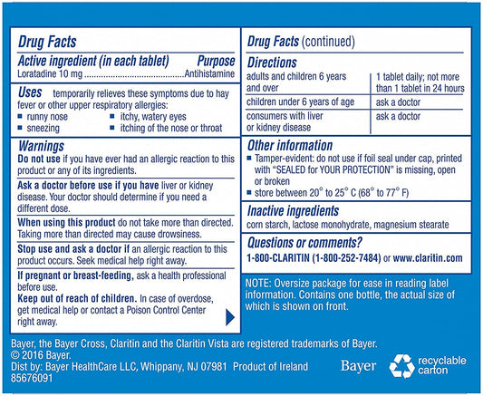 Claritin Loratadine ten milligrams daily allergy relief pills product label and drug facts overview