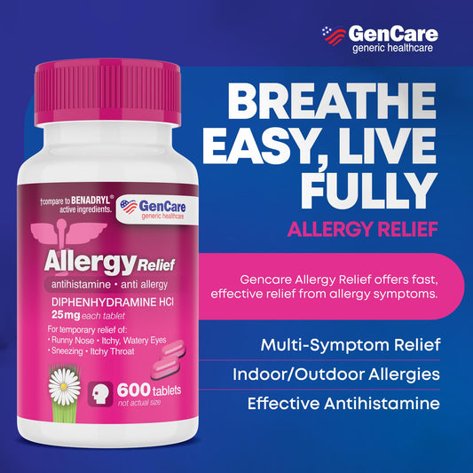GenCare generic antihistamine pink tablets for seasonal allergy management.