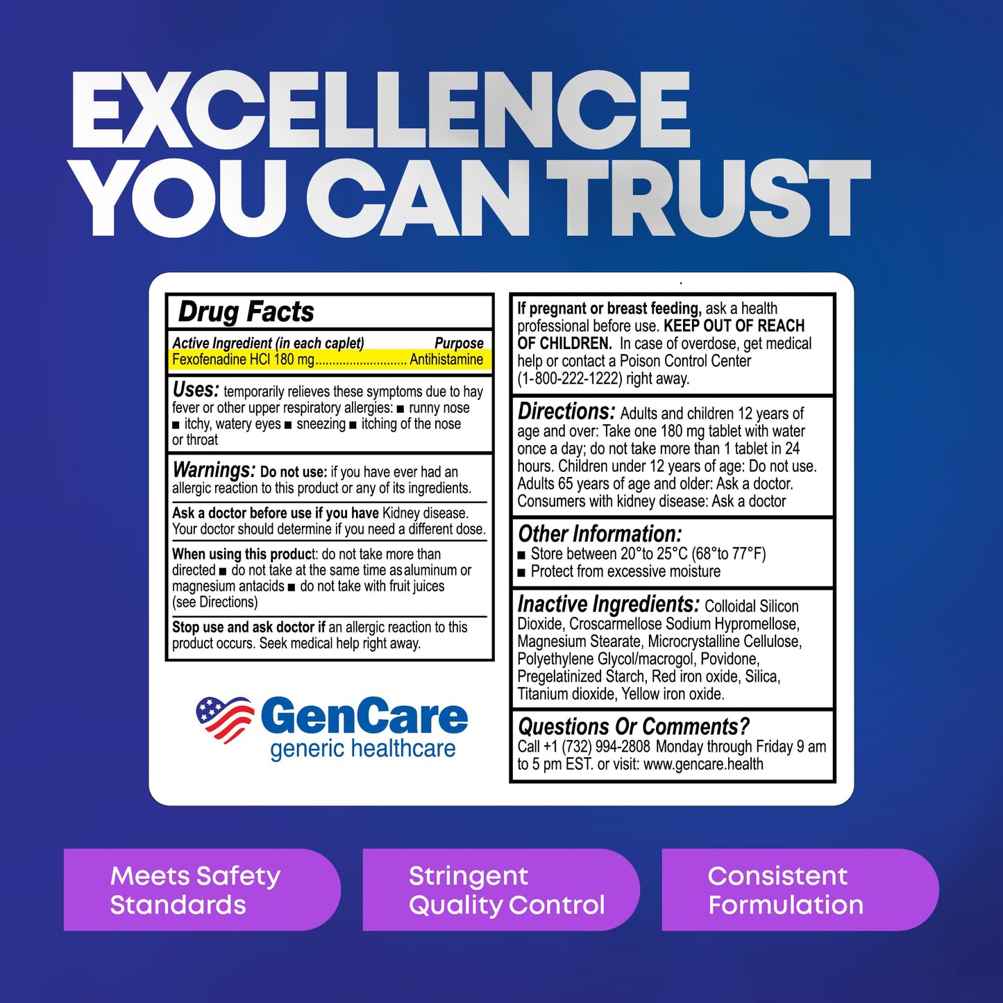 GenCare antihistamine allergy pills packaging top angle showcasing medicine bottle size and premium caplet count.