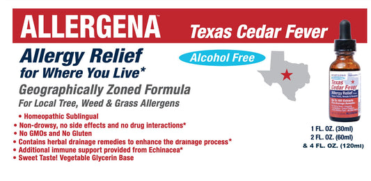 PROGENA Allergena homeopathic sublingual allergy drops packaging showing organic herbal drainage ingredients