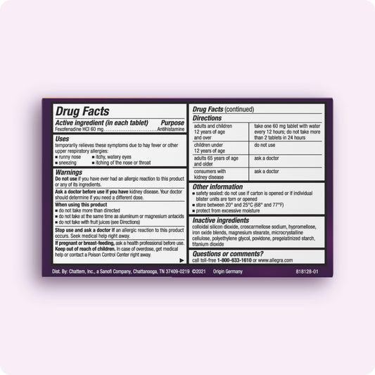 Allegra non drowsy antihistamine pills twenty four count pack for seasonal indoor and outdoor allergy support.