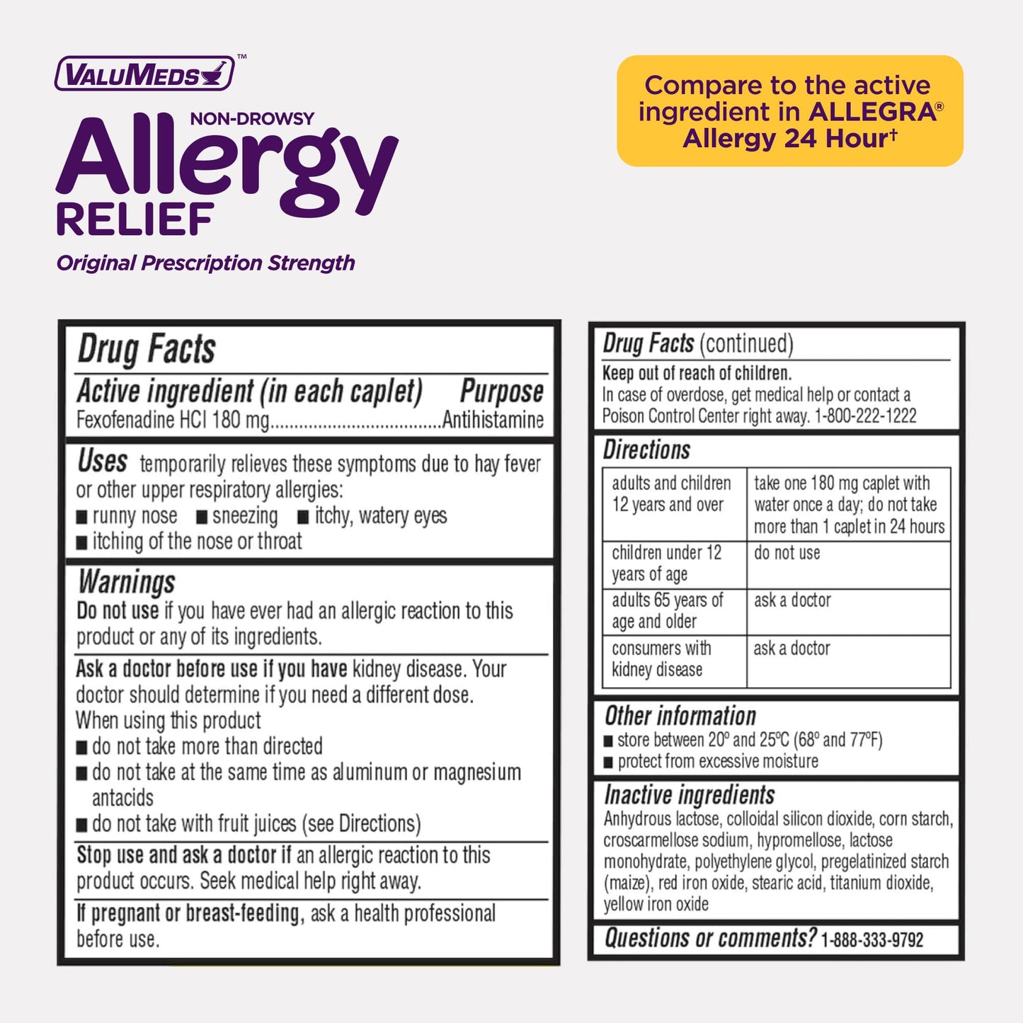 ValuMeds 24 hour fexofenadine hcl allergy medicine bottle placed upright on a clean retail background.