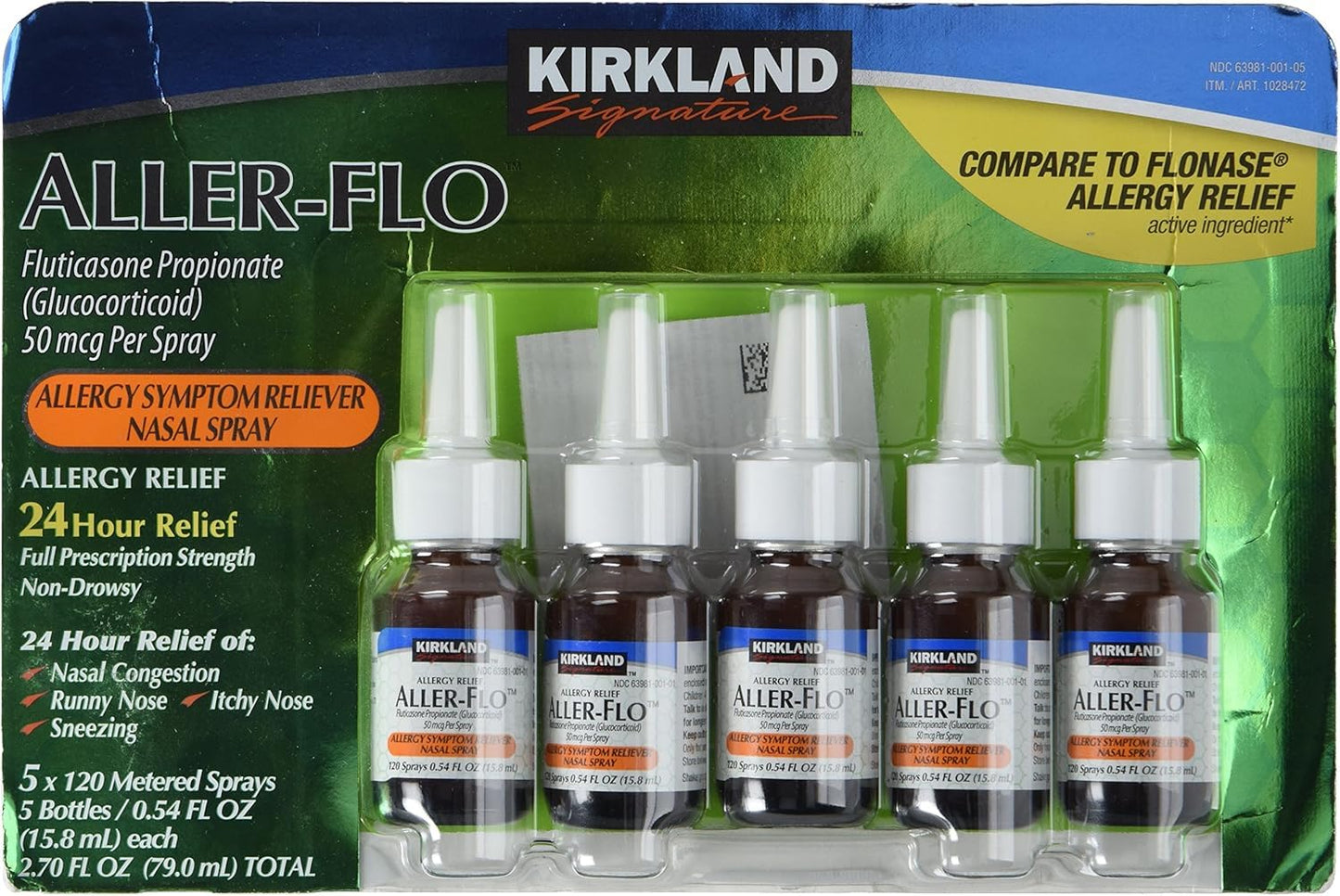 Authentic USA imported Kirkland Signature Aller-Flo allergy spray for 24 hour nasal congestion relief.