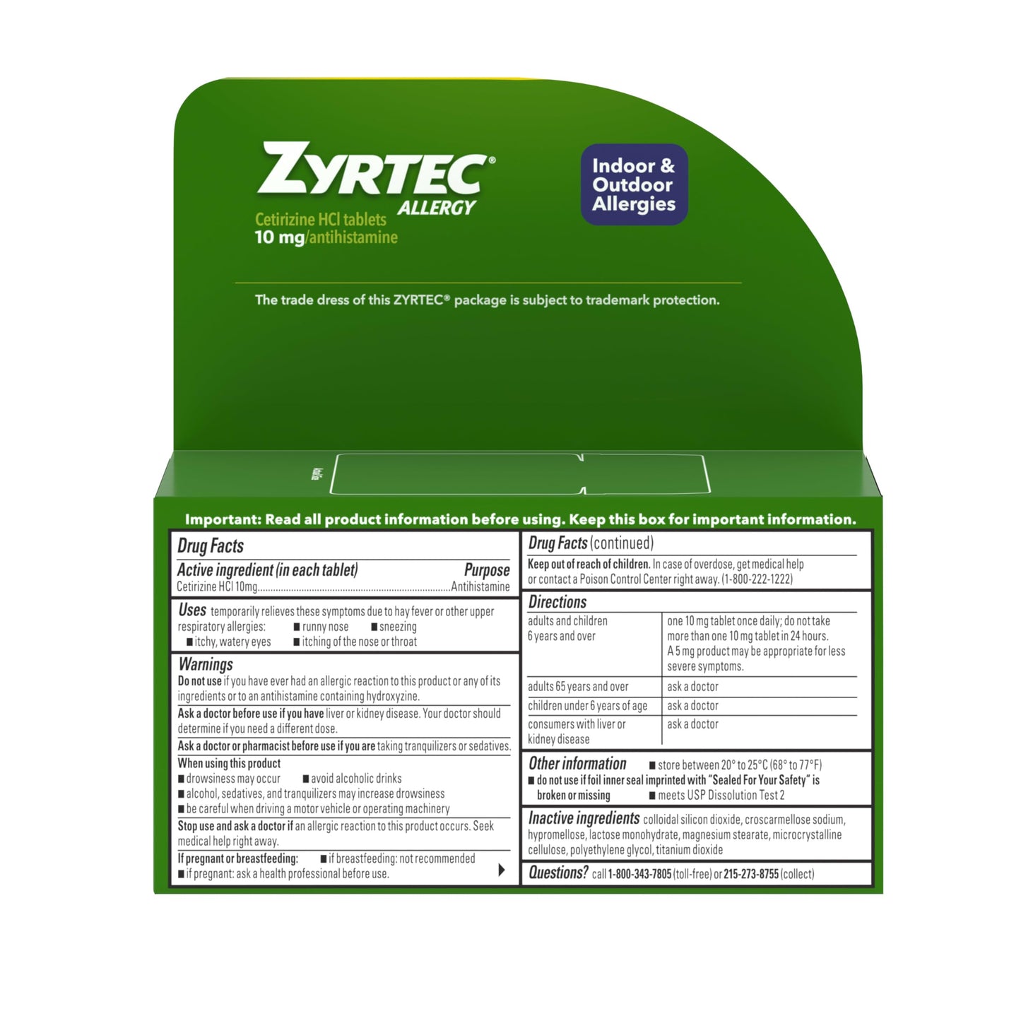 Zyrtec upper respiratory allergy symptom relief tablets package showing authentic import verification