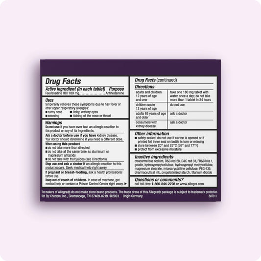 Allegra allergy 180 mg 60 count bottle showing the clear product label and ingredient list
