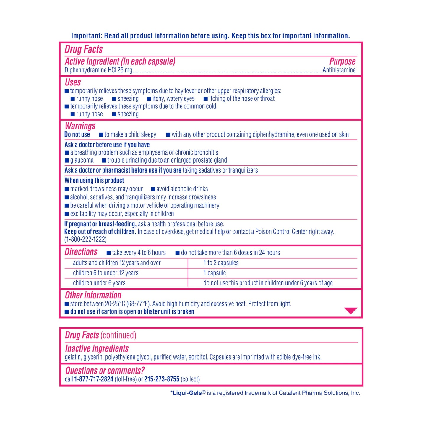 Benadryl diphenhydramine hydrochloride 25mg dye free capsules packaging layout flat perspective