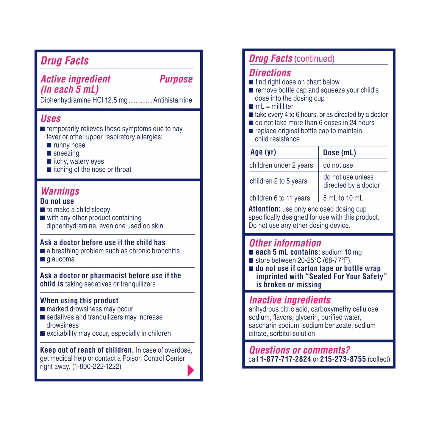 Side view of Childrens Benadryl 8oz dye free liquid showing age warnings and instructions