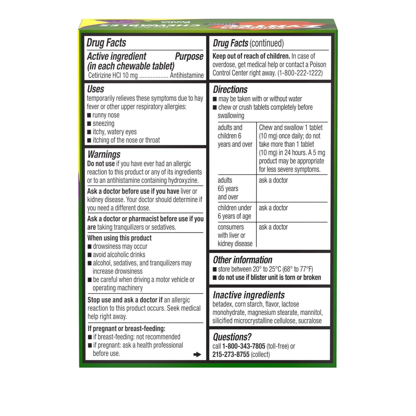 Zyrtec Childrens Chewables container showing dosage instructions and expiration date safety details