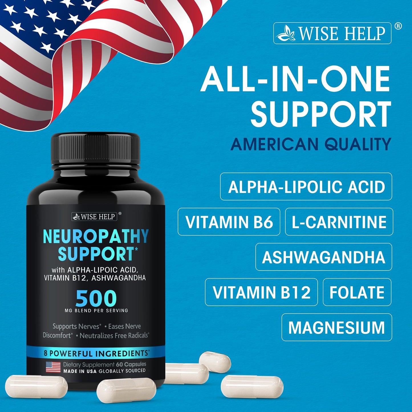 Professional studio shot of Wisehelp Neuropathy Support 60 caps