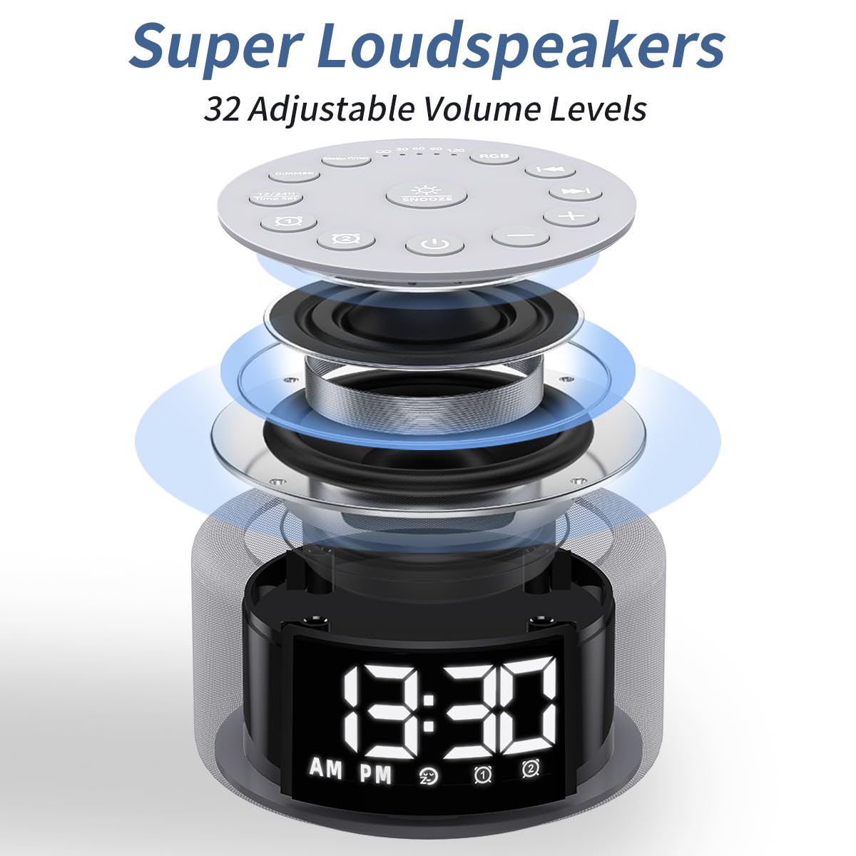 Hushing portable white noise clock packaged and showing clear layout of all thirty built-in sleep sounds.