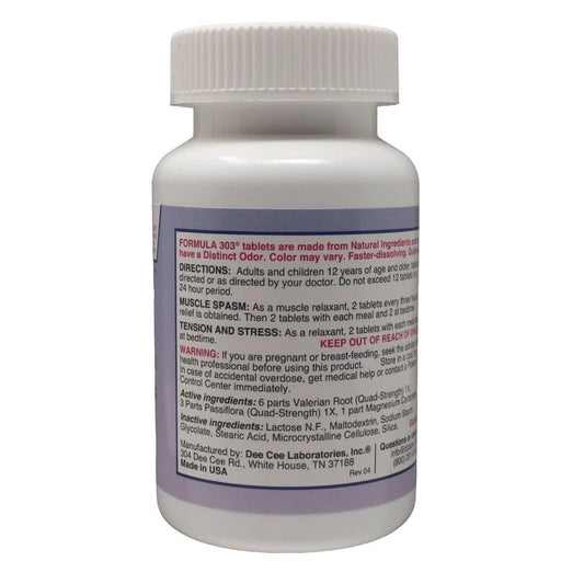 Bottle of Formula 303 natural muscle relaxant tablets