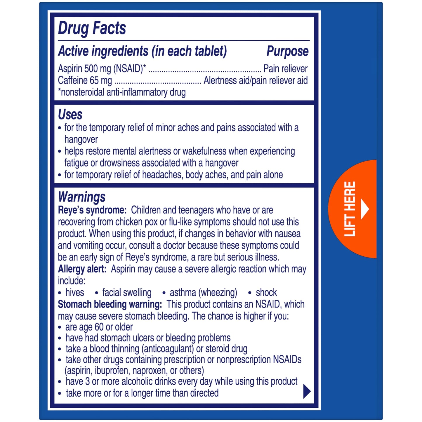 Alka-Seltzer Hangover Relief back of packaging showing directions for use