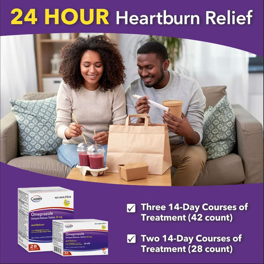 Camber Omeprazole 42 count bottle showing dosage details