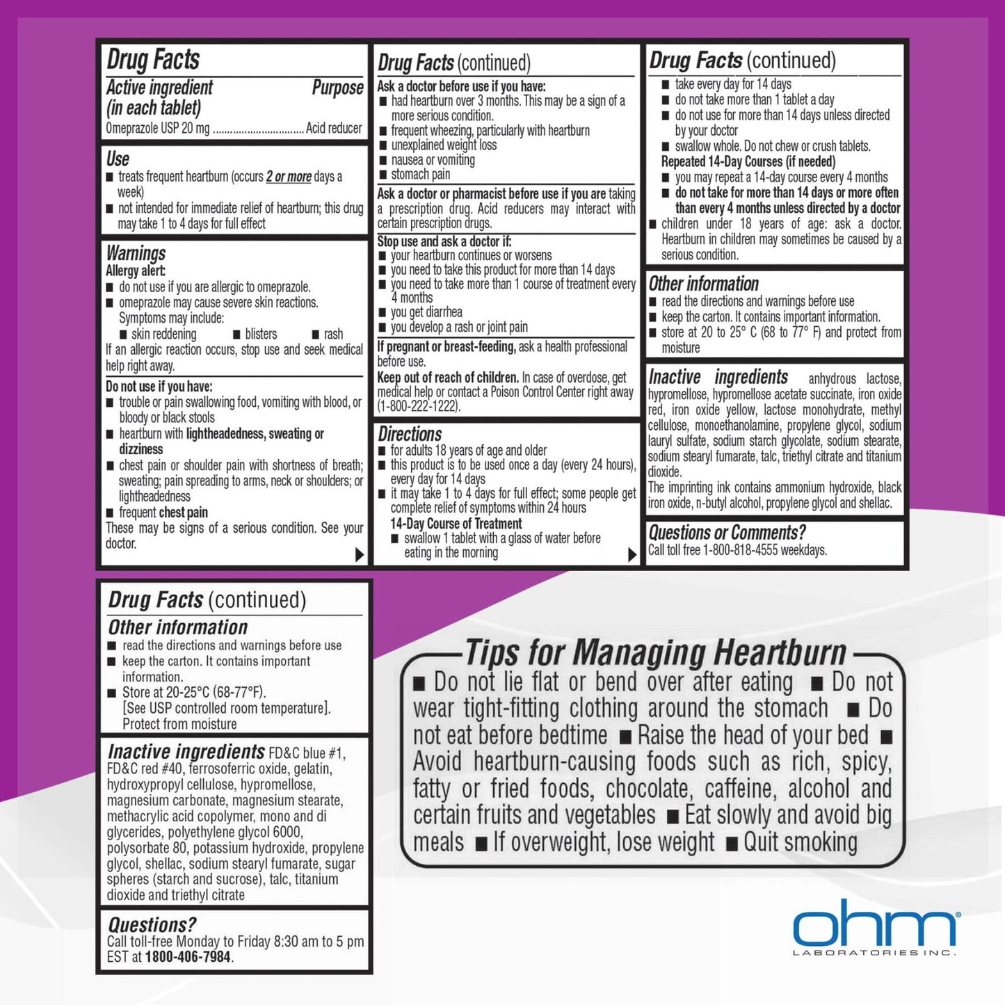 Ohm Omeprazole 20mg 42 count box top view