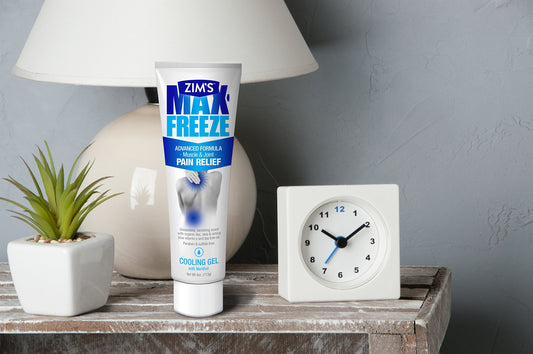 Zim's Max-Freeze topical analgesic gel tube displaying the seven percent menthol active ingredient information.
