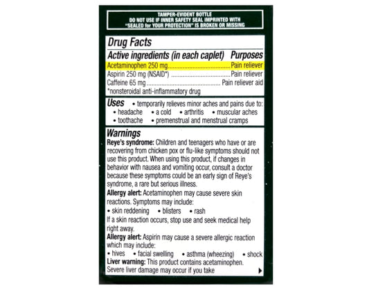 Excedrin triple action formula back label showing acetaminophen aspirin and caffeine ingredients