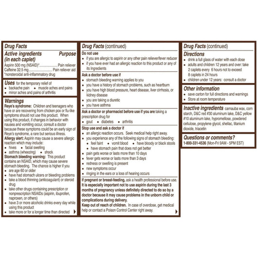 Bayer 500 milligram aspirin caplets yellow and white packaging description