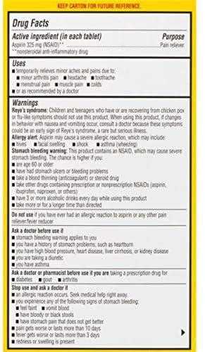 Close up of Ecotrin regular strength pain reliever bottle cap with clear consumer warning labels
