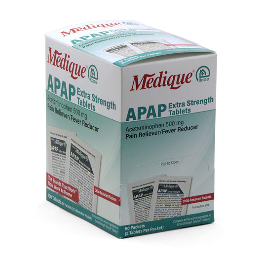 Medique acetaminophen 500 mg individual child resistant mylar pouches showing two tablets per packet