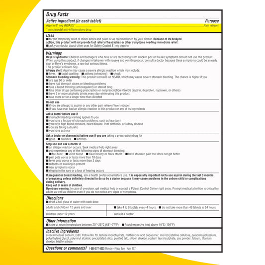 Right Remedies enteric coated aspirin 500 count packaging showcasing stomach protection benefits