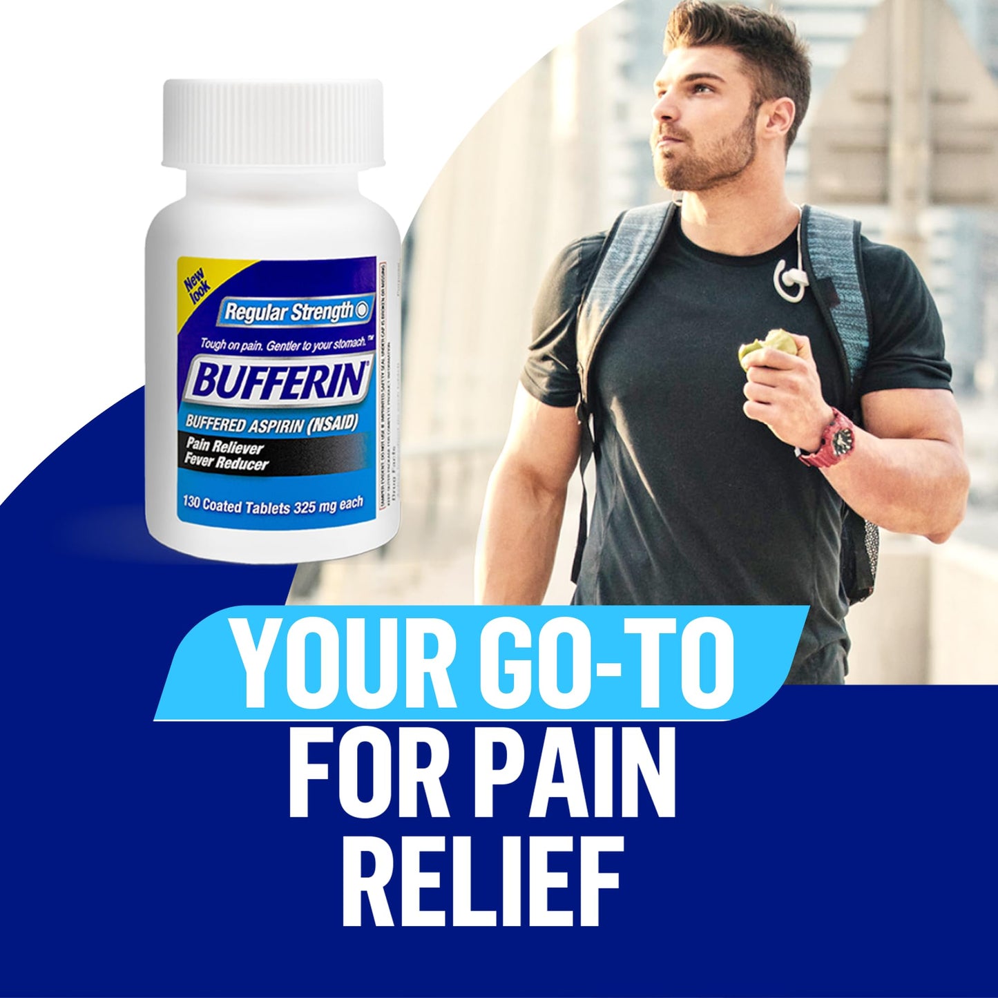 Top view of Bufferin 130 count pain relief supplement for adults