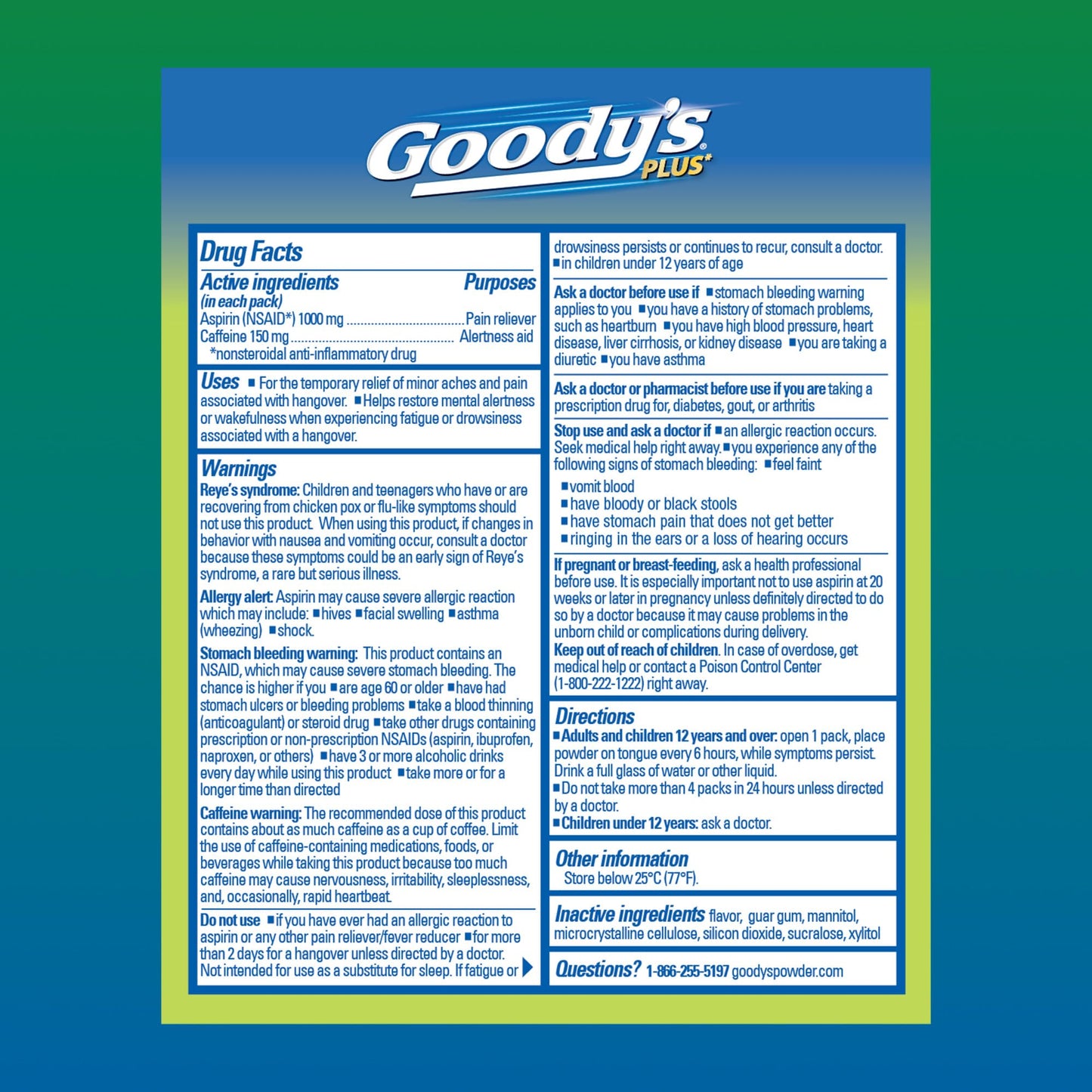Goody’s 1000 mg aspirin and 150 mg caffeine powder sticks display for rapid mental focus