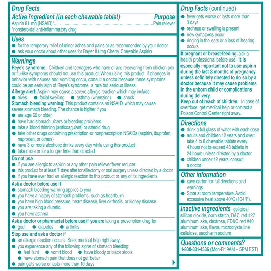 Bayer Low Dose 108 Chewable Tablets three pack bundle supplement facts view