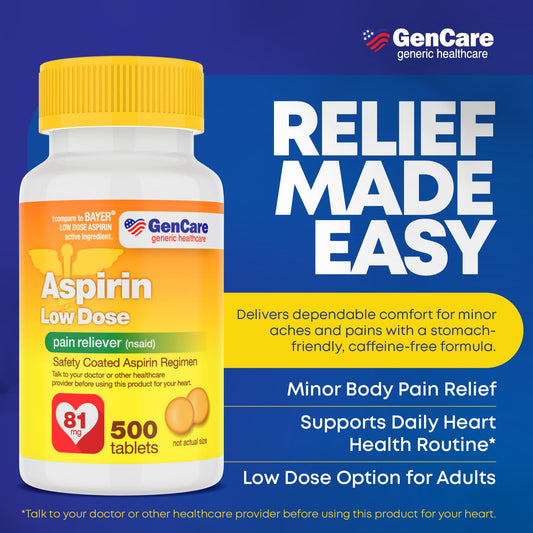 GenCare enteric coated aspirin pills supplement packaging showing active ingredients.