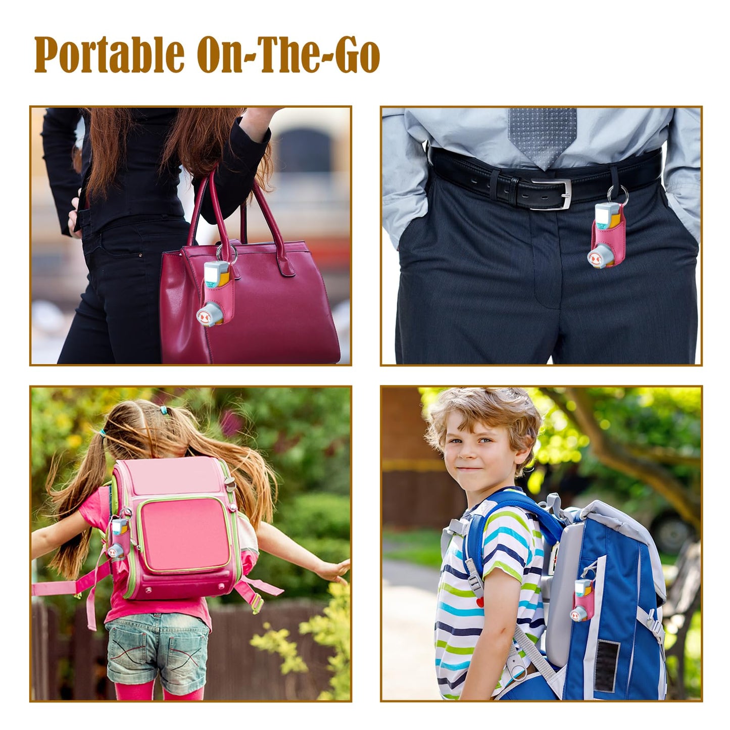 Portable asthma canister carrying cover in rose color highlighting the attached key ring