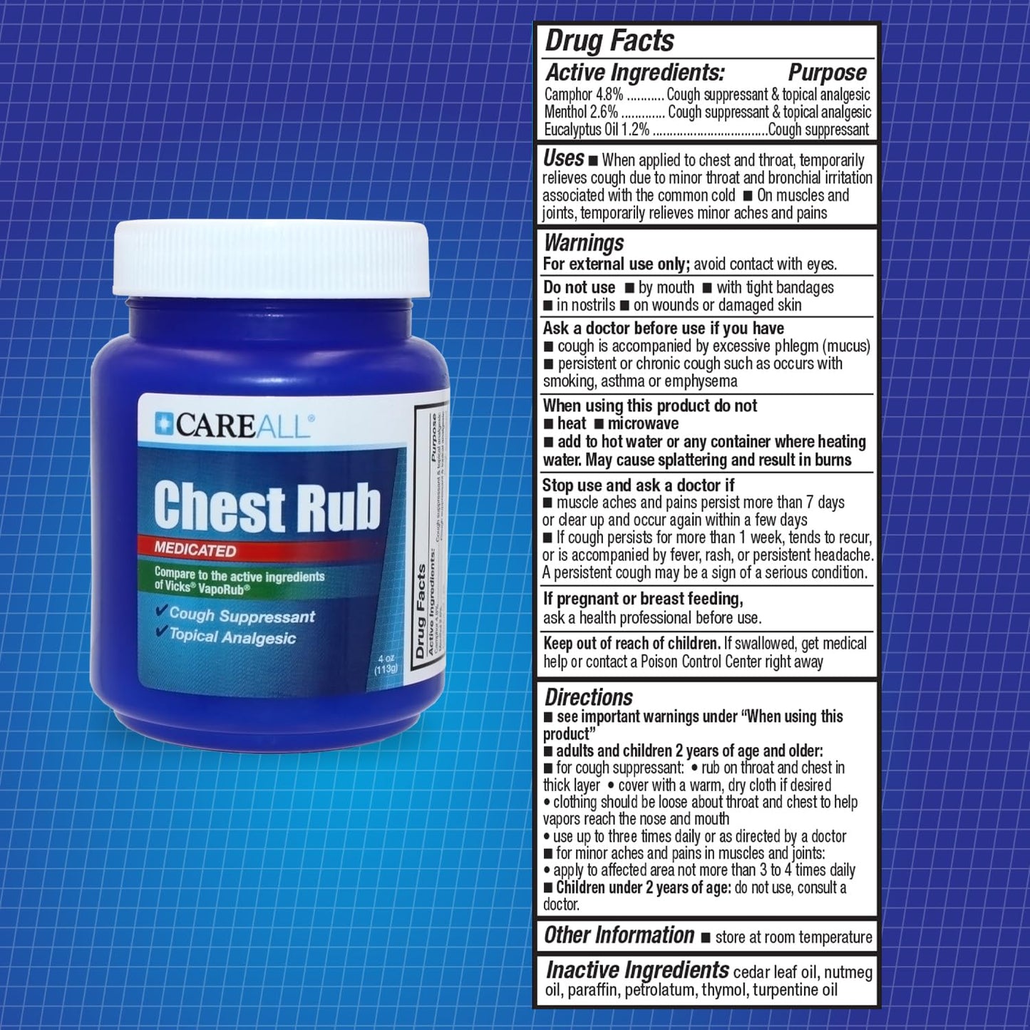 CareAll cold and congestion relief topical rub jar highlighting the eight hour formula