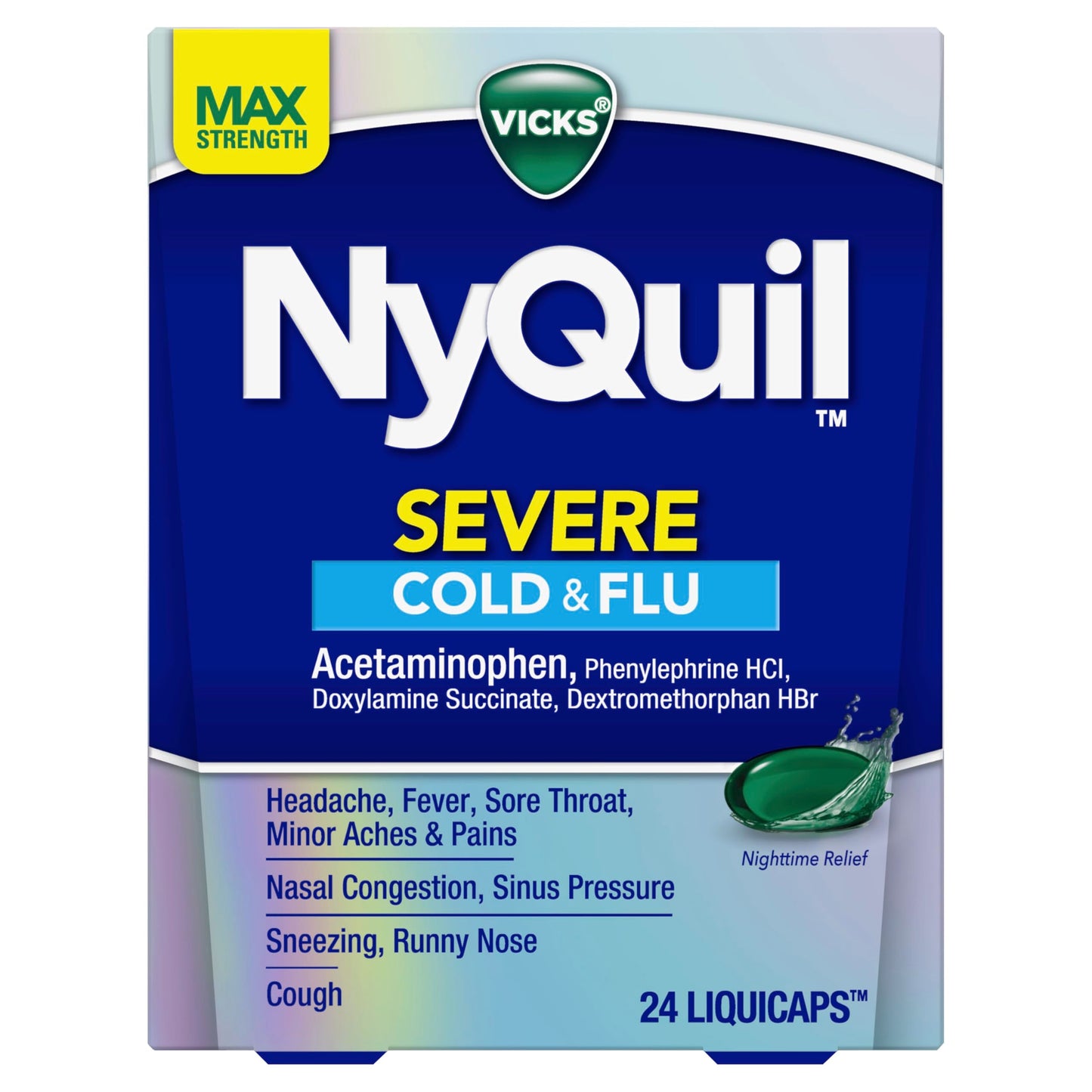 Close up view of Vicks NyQuil Severe cold and flu capsules on white background