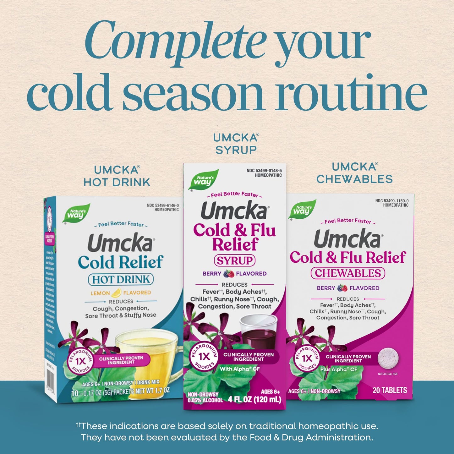 Side view of Umcka cold relief packaging showing natural lemon citrus flavors and age guidelines.