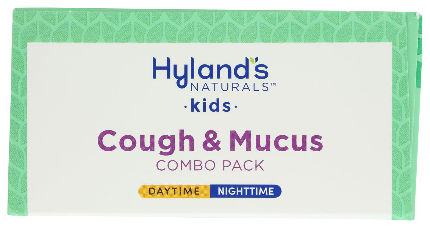 Hyland's Naturals kids daytime non-drowsy mucus relief syrup bottle with measuring cup