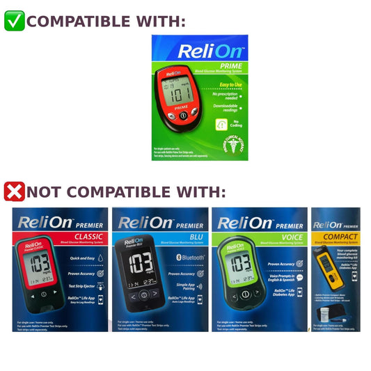 Sixyear Prime diabetes test strips side panel showing compatibility and storage instructions